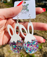 "Confetti Eggs and Bunny" Easter Themed Acrylic Dangle Earrings