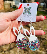 "Confetti Eggs and Bunny" Easter Themed Acrylic Dangle Earrings